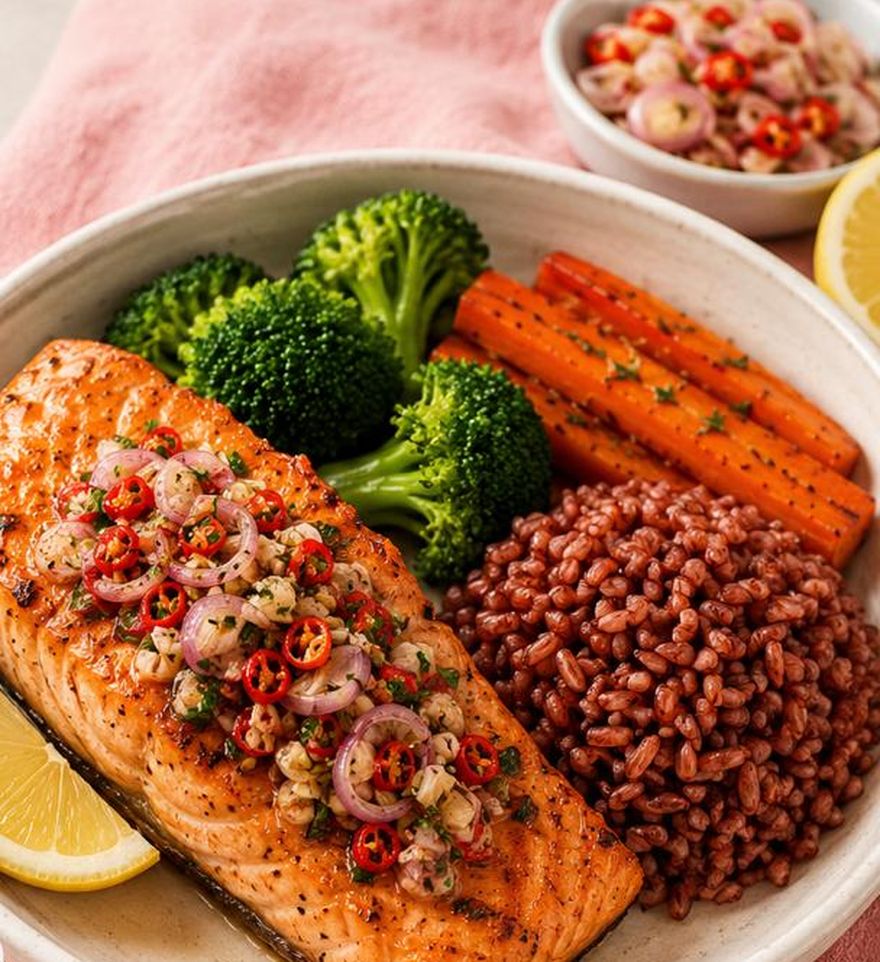 Salmon sambal matah dengan nasi merah, brokoli, dan wortel